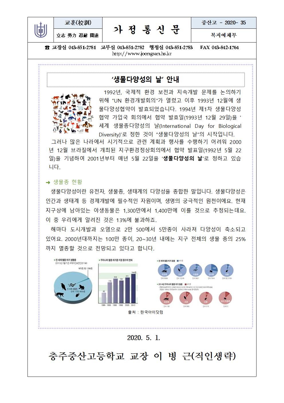 2020학년 환경기념일 가정통신문(5월)001