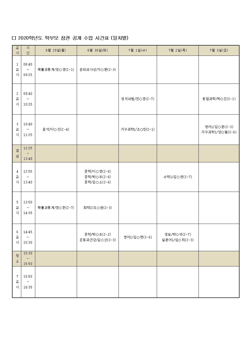 2020학년도 1학기 학부모 참관 수업 가정통신문002