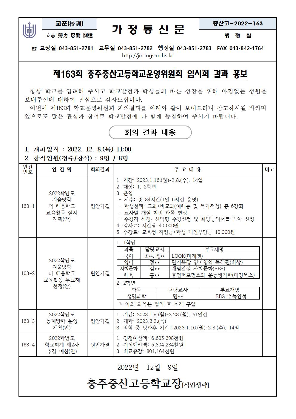 제163회 학교운영위원회 임시회 결과 홍보001