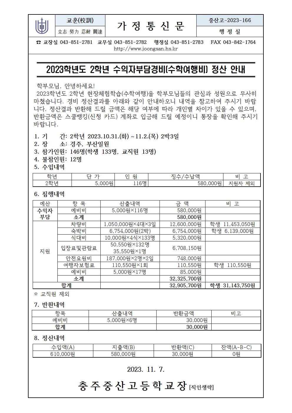 2023학년도 수익자부담경비(수학여행비) 정산 안내