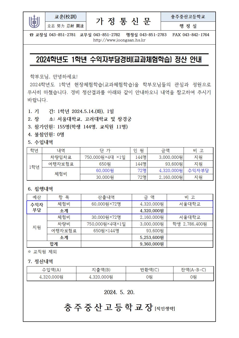 2024학년도 1학년 수익자부담경비(교과체험학습) 정산 안내(가정통신문)